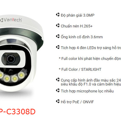 Vantech Camera 3.0MP Network Colorful Dome VP-C3308D - Hàng chính hãng