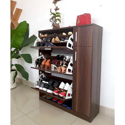 Tủ Giày Hiện Đại Màu Trắng - Nâu Sẩm , Gồm 3 Ngăn Để Giày Có Cánh Lật, 1 Ngăn Để Dép