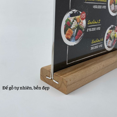 Kệ mica 2 mặt Enter E43 100x210mm đế gỗ 1/3A4 đứng, Kệ menu nhà hàng, Standee mica để bàn, Bảng quét mã QR Code