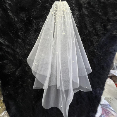 Voan cài tóc cô dâu trắng kem đính hạt dầy ngắn 70 cm Giangpkc