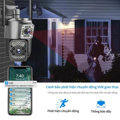 Camera giám sát 2 ống kính quan sát an ninh ngoài trời trong nhà xoay 360 độ chống nước tiêu chuẩn IP kèm thẻ nhớ chính hãng - Hàng Nhập Khẩu