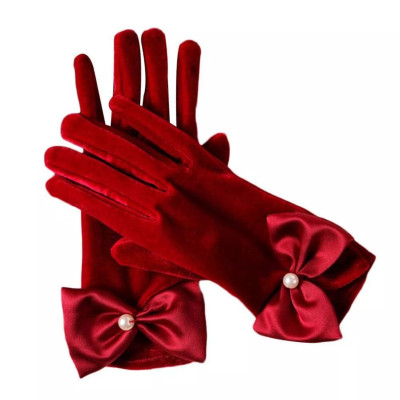 Găng tay chất liệu nhung đính nơ ngọc trai màu đỏ đô cho Cô dâu và Dạ hội, đi tiệc, sự kiện, đạo cụ cosplay, chụp ảnh, studio MS: 45351