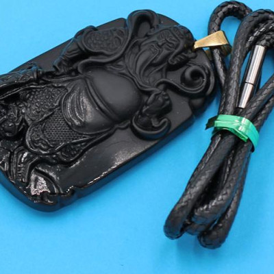 Dây chuyền mặt tượng Quan Công QC14 - thạch anh đen ( 6.2cm x 4cm ) - kèm hộp nhung