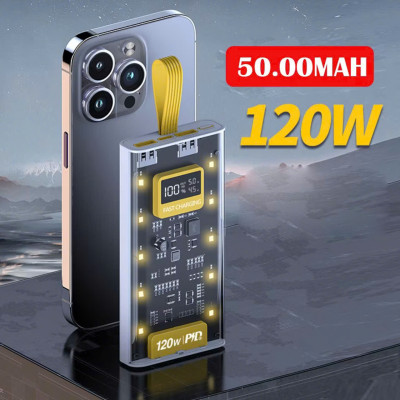 Sạc Dự Phòng 50.000MAH Trong Suốt kèm cáp sạc nhanh 4 đầu, tích hợp 4 cáp sạc, làm đèn ngủ - FTAKY Hàng Nhập Khẩu
