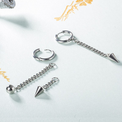 Đôi bông tai nam nữ bất đối xứng xích thả chóp thả bi cool ngầu