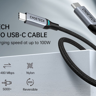 Dây cáp sạc USB C ra Type C sạc nhanh 100W hỗ trợ sạc PD TypeC hiệu Choetech XCC-1002 - Thiết kế dây dù chống đứt chống rối, đèn LED báo sạc, chiều dài 1m8 sạc cho iPhone 15 Macbook S23 S22 S21 S20 Ultra Plus notebook iPad Pro Air Mini - Hàng nhập khẩu