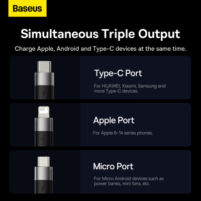 Cáp sạc 3 đầu Baseus StarSpeed 1 for 3 Fast Charging Data Cable USB to M+L+C 3.5A - Hàng chính hãng