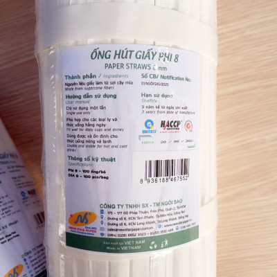 Phi 8 - Túi 100 ống hút giấy làm từ sợi mía có bao gói
