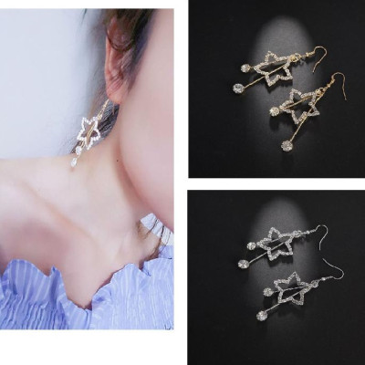 Bông tai nữ sao 5 cánh rỗng, 2 đuôi đính đá