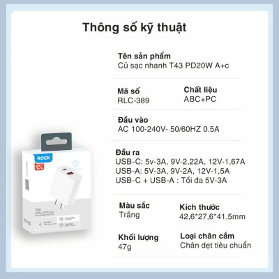 Củ sạc nhanh ROCKSPACE T43 2 cổng USB-TypeC sạc nhanh 20w hàng chính hãng - Bảo hành 12 tháng