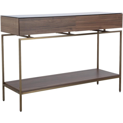 Bàn console trang trí JEAGER chân kim loại bền chắc, khung gỗ kèm kệ lửng và ngăn kéo kết hợp mặt kính cường lực cao cấp