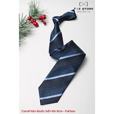 Cavat 8cm bản lớn Hàn Quốc cao cấp, kẻ xanh sáng - Tặng kèm hộp Full box