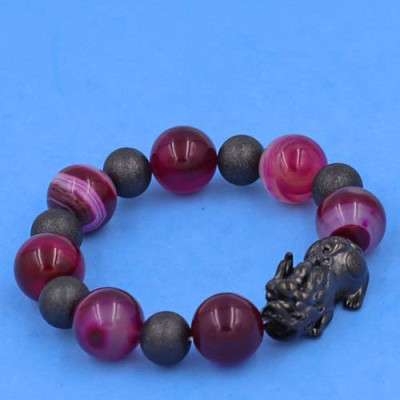 Chuỗi tay Tỳ Hưu inox mix Thạch Anh Hồng Sọc size 16 ly phối 6 bi - hợp mệnh Hỏa, mệnh Thổ - Chuỗi size XXL