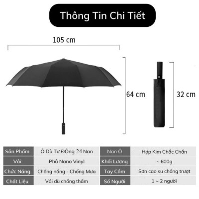 Dù Che Nắng Mưa Bấm Tự Động 12 Nan Kép Chống Thấm Nước Chống Tia UV Nhỏ Gọn Tiện Lợi