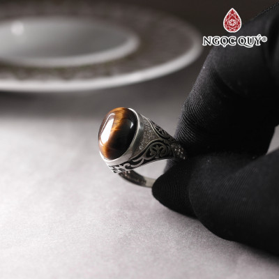 Nhẫn bạc nam đá mắt hổ vàng nâu ni 19 mệnh thổ, kim - Ngọc Quý Gemstones