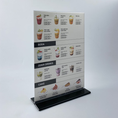 Kệ menu nhà hàng, Standee mica để bàn, Bảng quét mã QR Code, Kệ mica 2 mặt Enter E09-U 100x210mm đế lùa uốn bằng