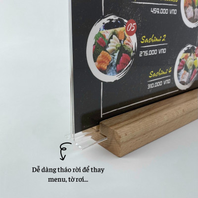 Kệ mica 2 mặt Enter E44 100x150mm đế gỗ A6 đứng, Kệ menu nhà hàng, Standee mica để bàn, Bảng quét mã QR Code