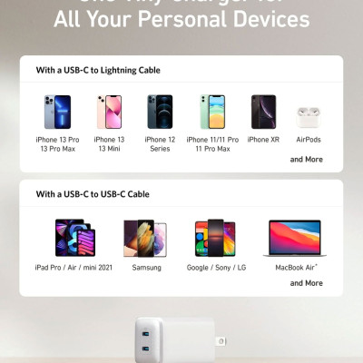 Sạc ANKER 521 Nano Pro 40W 2 Cổng USB-C PiQ 3.0 tương thích PD - A2038