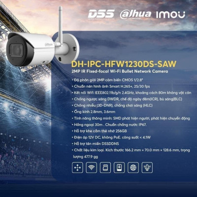 Camera Wifi ngoài trời Dahua DH-IPC-HFW1230DS-SAW 2MP, tích hợp mic, hồng ngoại 30m - TRANGIATELECOM Hàng nhập khẩu