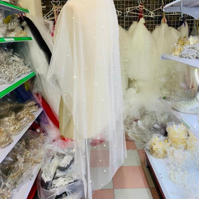 Voan cài tóc cô dâu hai lớp đính hạt trai có sẵn lược cài GiangPKC