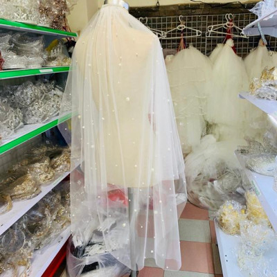 Voan cài tóc cô dâu hai lớp đính hạt trai có sẵn lược cài GiangPKC