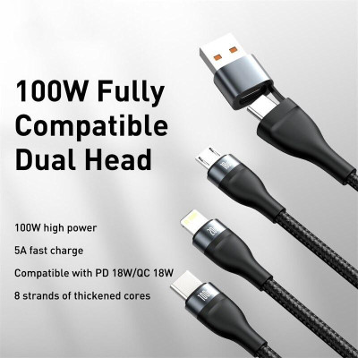 Cáp sạc nhanh 3 đầu Baseus Flash Series 3 in1 Plus (USB+ Type C to Micro + Type C, 100W Quick Charge and Data)