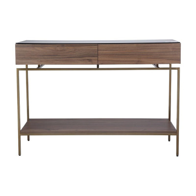 Bàn console trang trí JEAGER chân kim loại bền chắc, khung gỗ kèm kệ lửng và ngăn kéo kết hợp mặt kính cường lực cao cấp