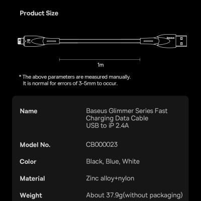 Cáp sạc nhanh 2.4A cho ai-phôn, Cáp sạc Baseus Glimmer Series Fast Charging Data USB-A to Lai-ning 2.4A đèn LED, đẹp sang trọng - Hàng chính hãng