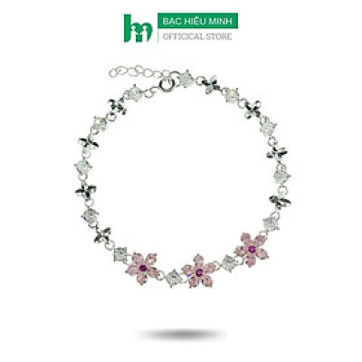 Lắc Tay Nữ Bạc Hiểu Minh LTU524 Hoa 5 Cánh Màu Hồng