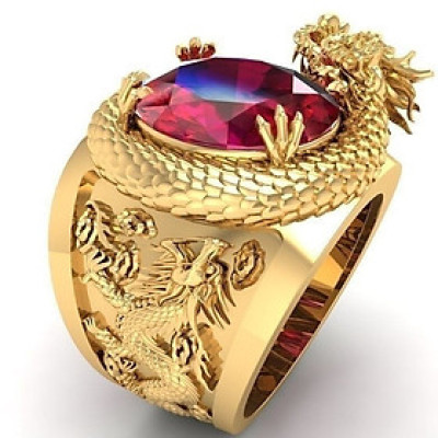 Bộ Nhẫn Khắc Rồng Hoàng Long Mạ vàng 18K, đính đá Hồng Ngọc, Kèm túi Nhung