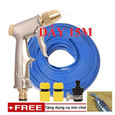 Bộ dây vòi xịt nước rửa xe, tưới cây . tăng áp 3 lần, loại 15m 206701-1 đầu đồng,cút+ tặng mở chai