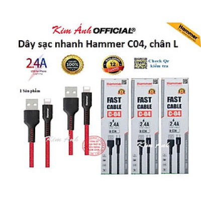 Dây sạc nhanh Ham mer C04 các loại chân cắm I, dòng điện 5v-2.4A, dây bện dù, hàng chính hãng check Qr