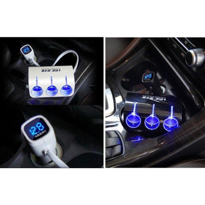 Chia tẩu Ô tô 1 ra 3 công suất 120W có cổng sạc USB và báo điện áp