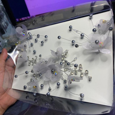 Bộ ba cài tóc cô dâu xám nhạt mẫu cài thủ công