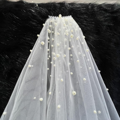 Voan cài tóc cô dâu trắng kem đính hạt dầy ngắn 70 cm Giangpkc