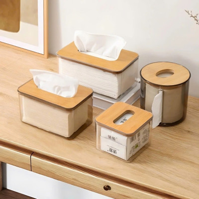 11x11x8.5 Hộp Đựng Giấy Ăn Khăn Giấy Nhựa MiKa Trong Suốt Nắp Gỗ Tre Tự Nhiên Màu Sắc Kiểu Dáng Phong Cách Bắc Âu VUÔNG