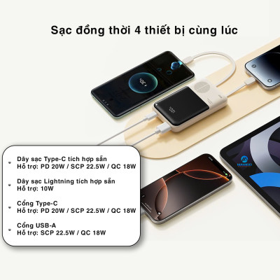 Pin dự phòng sạc nhanh ROCK P95 PD 22.5W 10000mAh có cáp tích hợp , hàng chính hãng bảo hành 1 năm