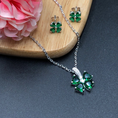 Combo Dây Chuyền Hoa Tai Bạc Ta Cỏ 4 Lá Màu Xanh May Mắn BẠC HIỂU MINH BCB006