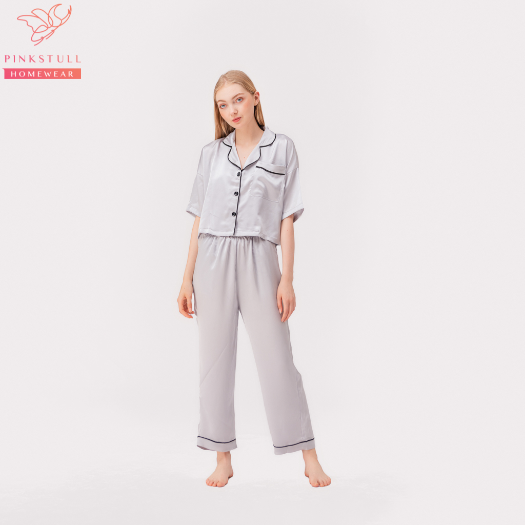 Bộ đồ ngủ pijamas tay ngắn quần dài Pink Stull 3 Màu:xám viền đen,đỏ viền trắng,hồng viền đen