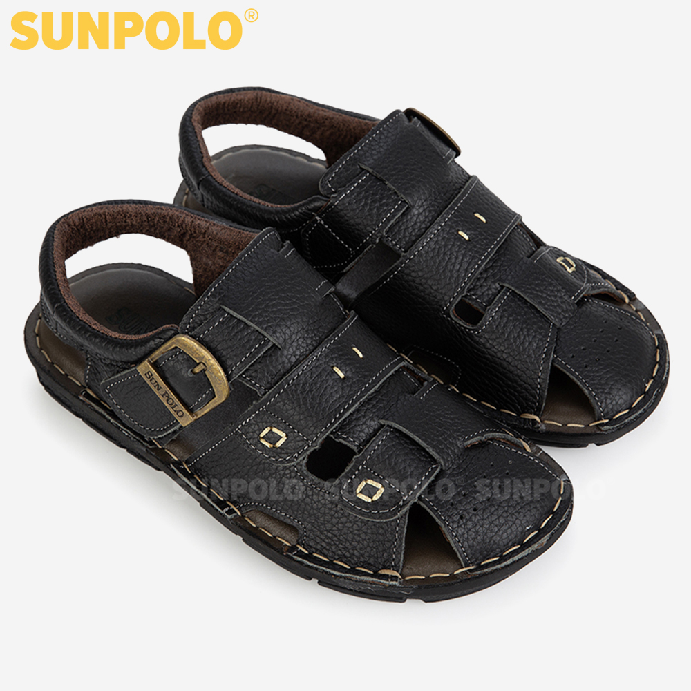Xăng Đan Bít Mũi, Giày Sandal Nam Quai Ngang Da Bò Cao Cấp SUNPOLO SDA020 (Đen)