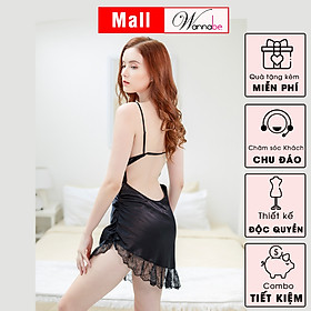Đầm ngủ WANNABE DNS47 váy ngủ lai vạt xéo phối ren nhún nhẹ 1 bên quyến rũ lưng cut out khoe lưng trần gợi cảm