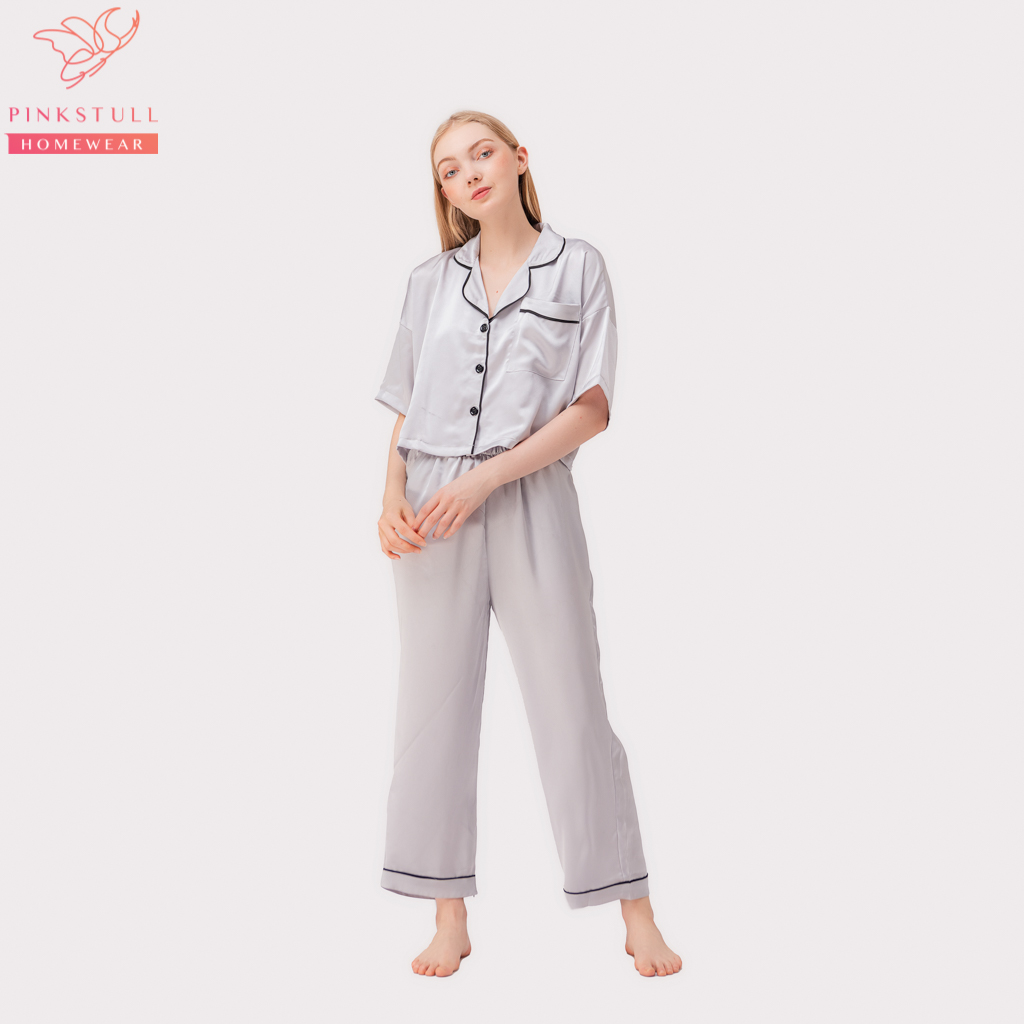 Bộ đồ ngủ pijamas tay ngắn quần dài Pink Stull 3 Màu:xám viền đen,đỏ viền trắng,hồng viền đen