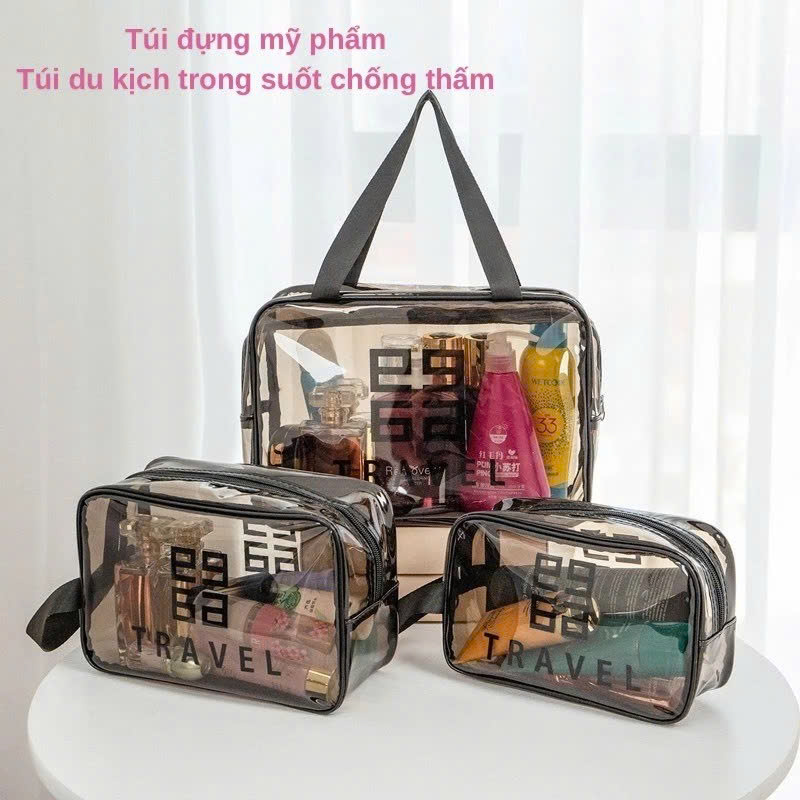 Túi đựng mỹ phẩm trong suốt có quai cao cấp MÀU ĐEN 26x15x10cm
