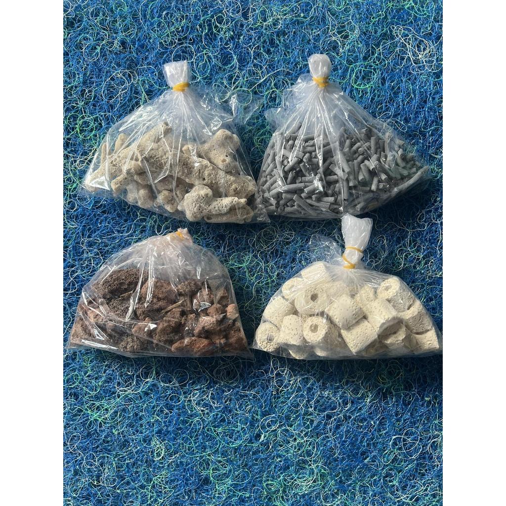 Combo 100g Combo 4 Loại Vật Liệu Lọc Hồ Cá: Than Hoạt Tính +Sứ Trắng
+- San Hô+ Nham Thạch =100G