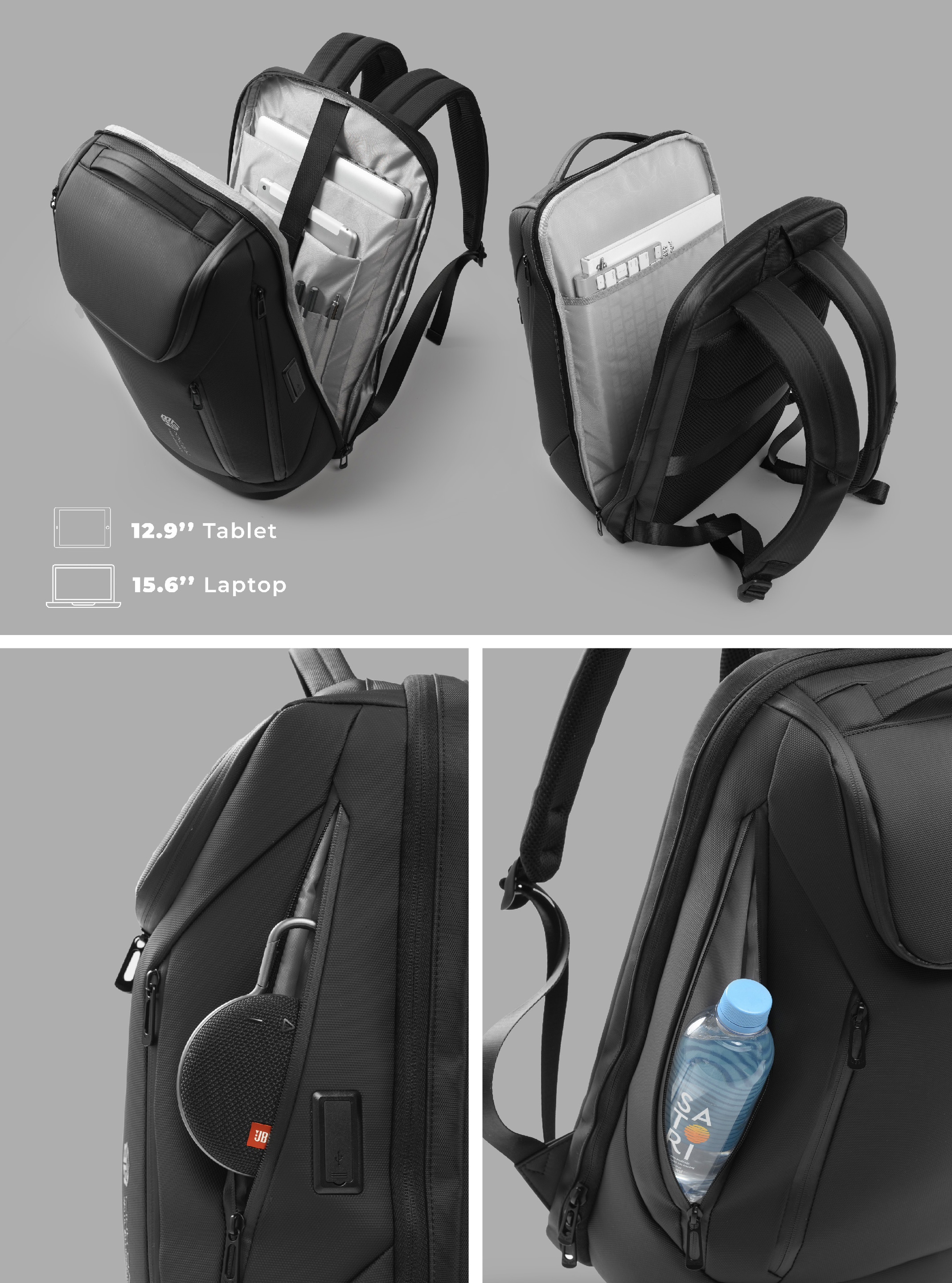 Balo laptop 15” KINGBAG ZELOS thời trang, tích hợp cổng USB đa dụng, vải trượt nước, màu đen - Hàng chính hãng