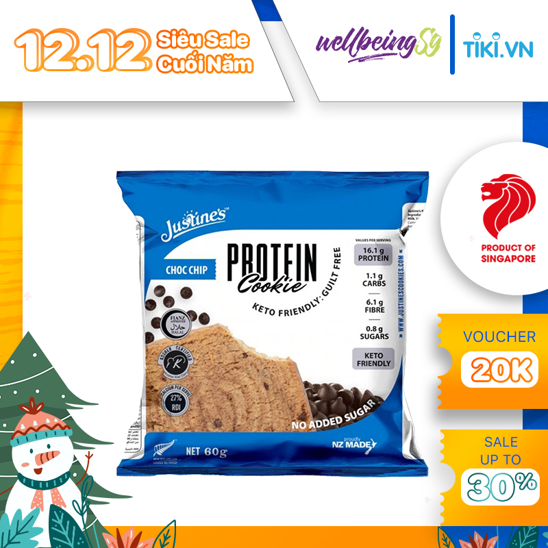 Bánh Quy Sô Cô La Justines Protein Cookie, Phù Hợp Chế Độ Ăn Kiêng Keto, Không Đường, Không Chứa Gluten Và Lúa Mì, Bổ Sung Đạm Và Canxi, Hộp 12 Cái