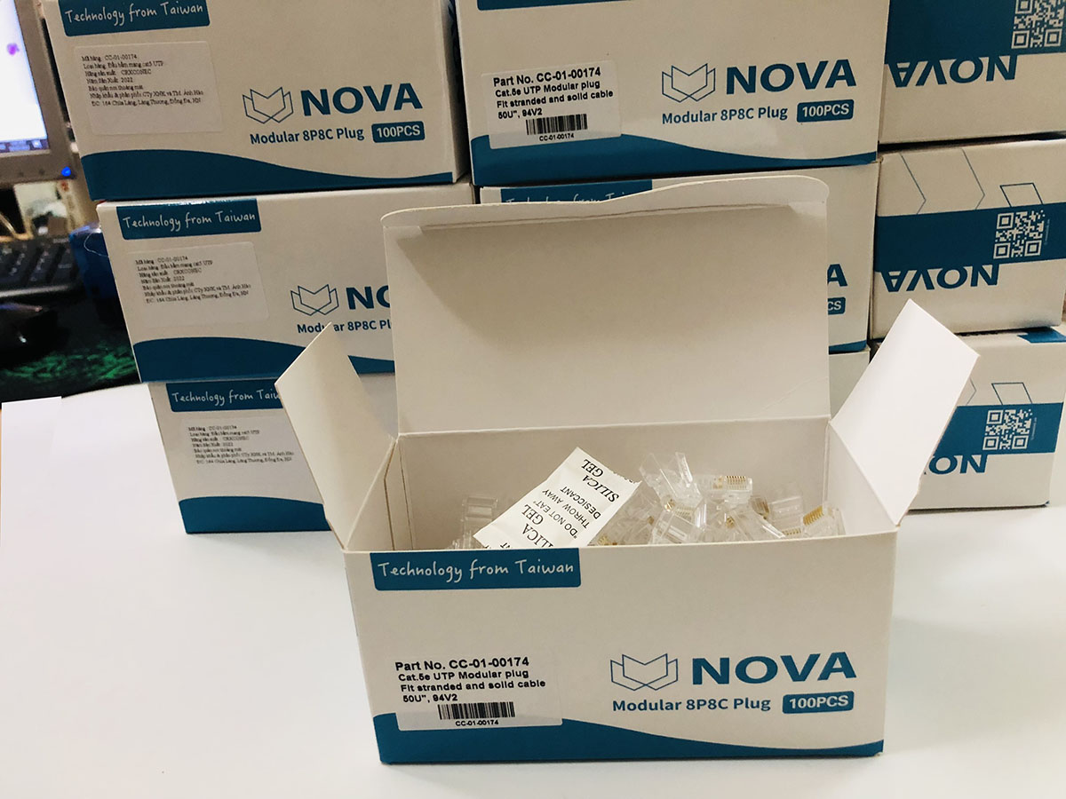 Đầu bấm mạng RJ45 cat6 1 mảnh Nova CC-01-00176, chân cắm mạ vàng cao cấp, hàng chính hãng (hộp 100 hạt)