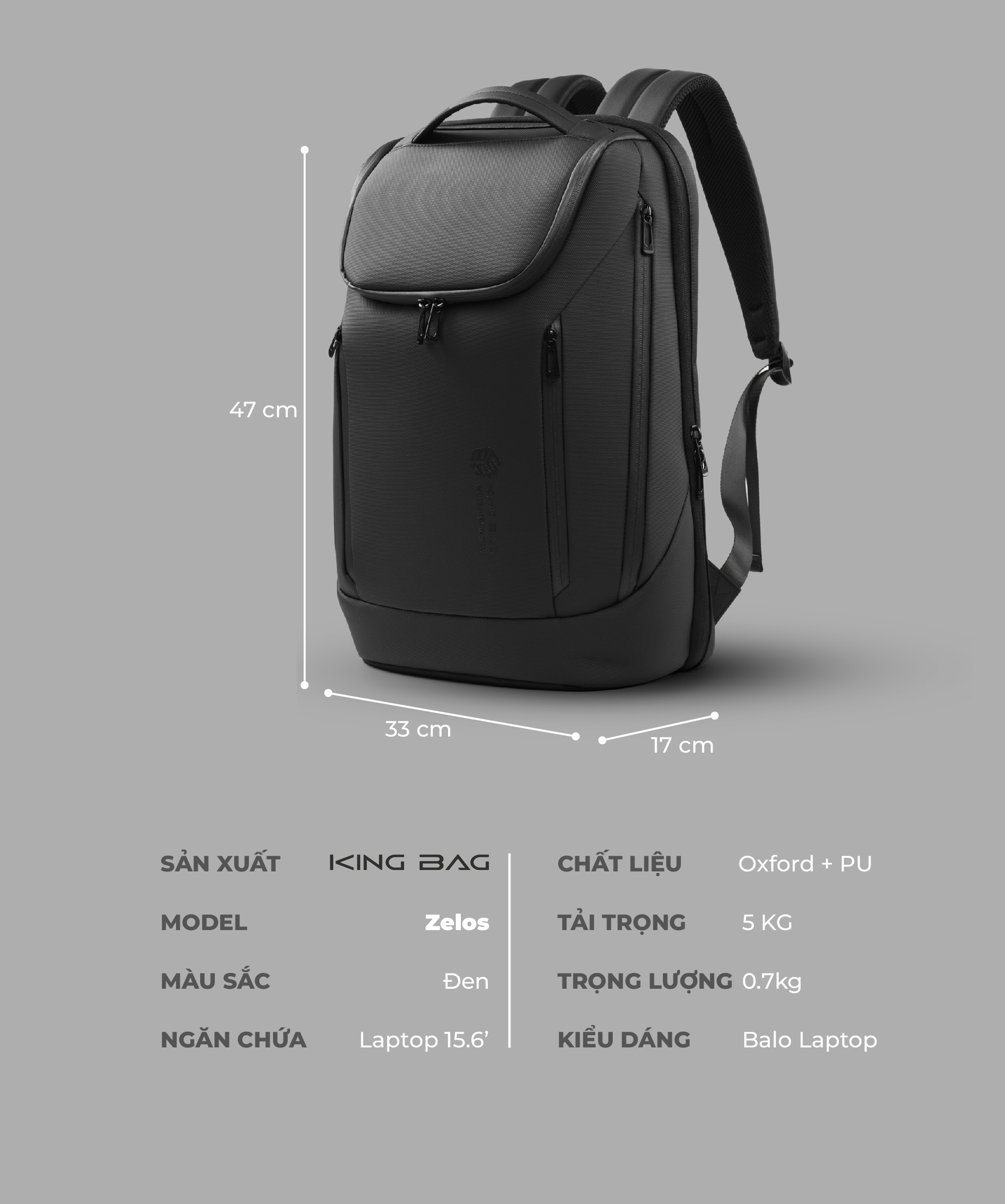 Balo laptop 15” KINGBAG ZELOS thời trang, tích hợp cổng USB đa dụng, vải trượt nước, màu đen - Hàng chính hãng