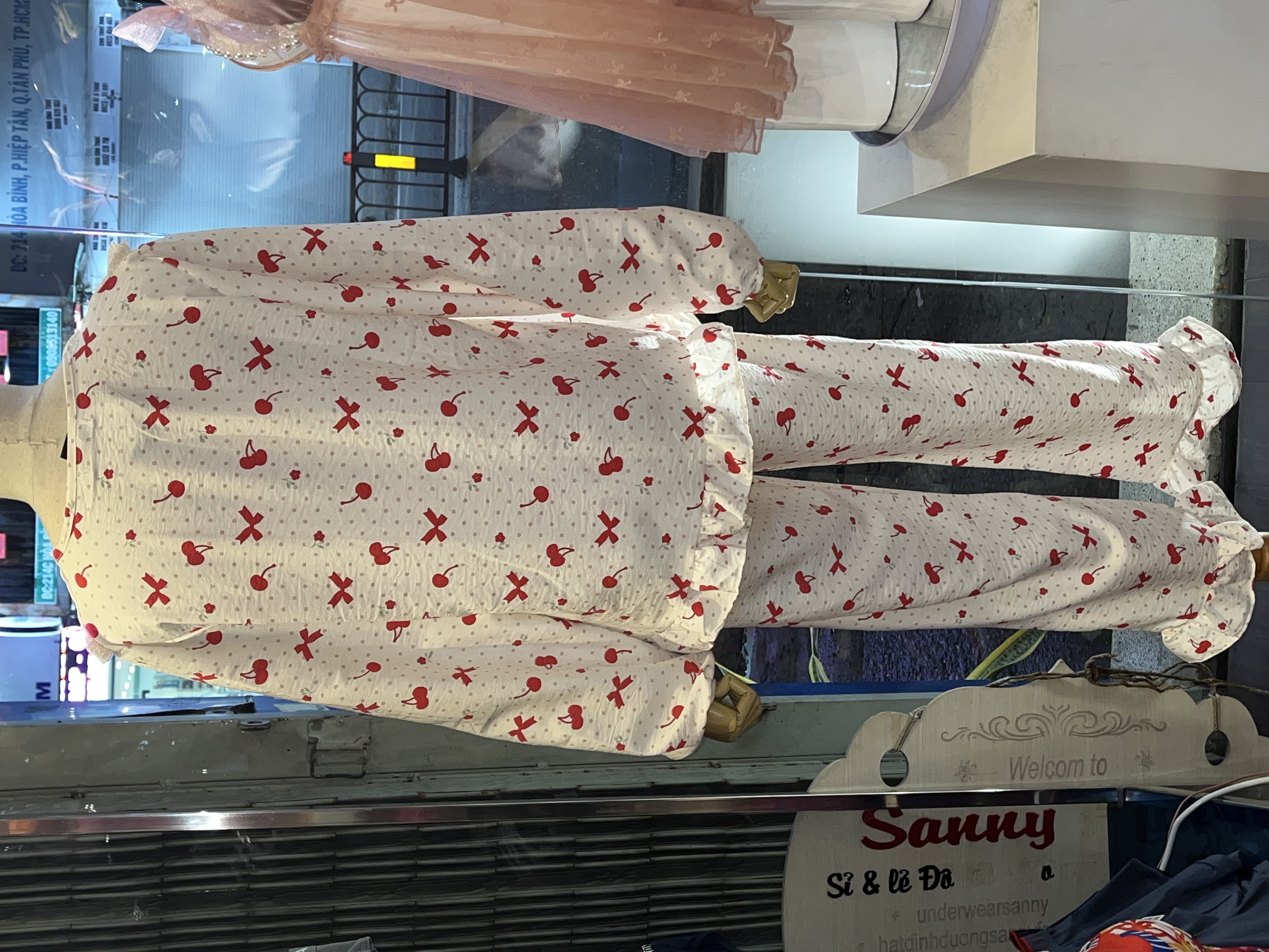 Bộ Đồ Ngủ Cotton Đũi Tay Dài Quần Dài Đính Nơ Thêu Hoa Dễ Thương