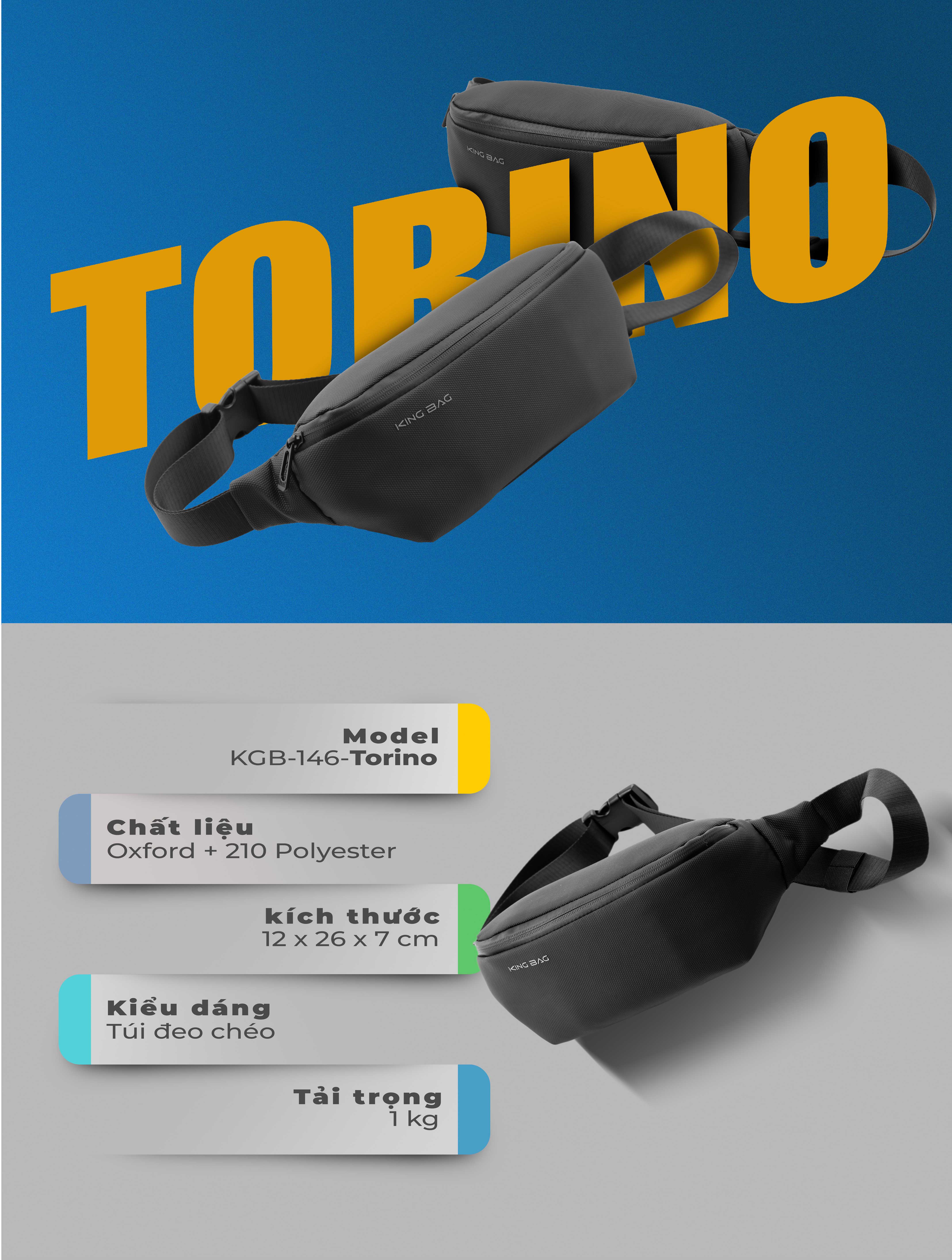 Túi đeo chéo thời trang, nhỏ gọn KINGBAG TORINO nhiều ngăn, vải kháng nước tốt, khóa kéo YKK, màu đen - Hàng chính hãng